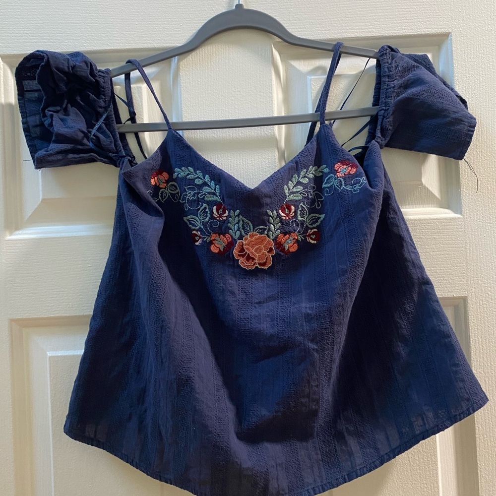 Gently used Dark Blue tank with off shoulder sleeves from Blue Rain